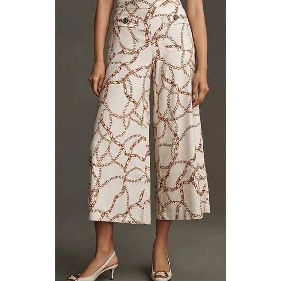 Maeve Anthropologie Linen Blend Palazzo Pants Womens Sz 4 Wide Leg Chain Print - Picture 1 of 15